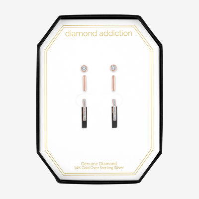 Diamond Addiction Diamond Accent Genuine White Diamond 14K Rose Gold Over Silver Sterling Silver 3 Pair Earring Set