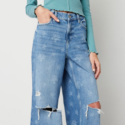 Arizona - Juniors Ripped Womens Low Rise Loose Fit Flare Leg Jean