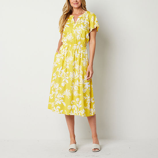 Liz Claiborne Short Sleeve Floral Midi A-Line Dress, Color: Celery ...