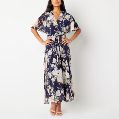 Studio 1 Womens Short Sleeve Floral Midi Fit + Flare Dress