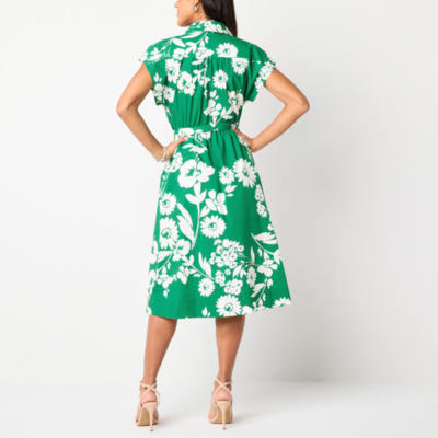 Studio 1 Womens Short Sleeve Floral Midi Fit + Flare Dress