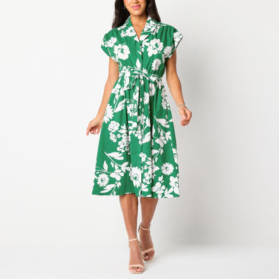 Studio 1 Womens Short Sleeve Floral Midi Fit + Flare Dress
