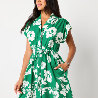 Studio 1 Womens Short Sleeve Floral Midi Fit + Flare Dress