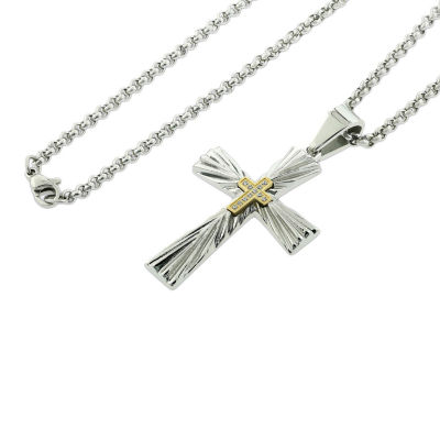 Mens White Diamond Stainless Steel Cross 24 Inch Pendant Necklace