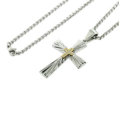 Mens Natural White Diamond Stainless Steel Cross Pendant Necklace