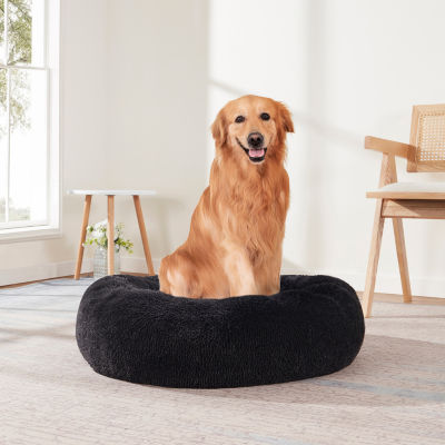 Sweet Home Collection 20in Black Round Calming Faux Fur Donut Pet Bed