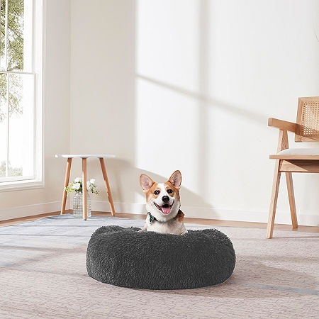 Sweet Home Collection 20in Black Round Calming Faux Fur Donut Pet Beds, One Size, Gray