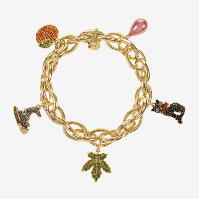 Monet Jewelry Gold Tone Cat Witch Hat Pumpkin Womens Multi Color Glass Charm Bracelet