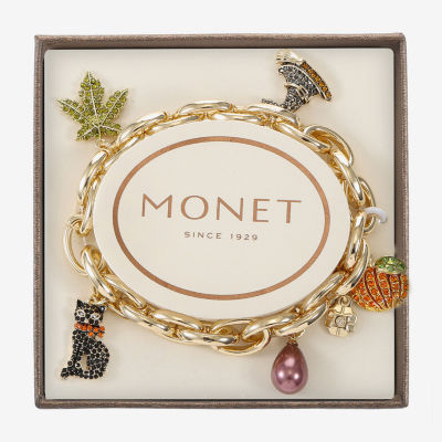 Monet Jewelry Gold Tone Cat Witch Hat Pumpkin Womens Multi Color Glass Charm Bracelet