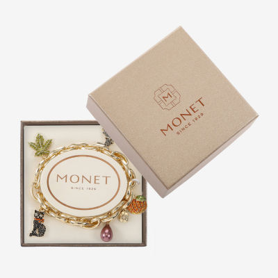 Monet Jewelry Gold Tone Cat Witch Hat Pumpkin Womens Multi Color Glass Charm Bracelet