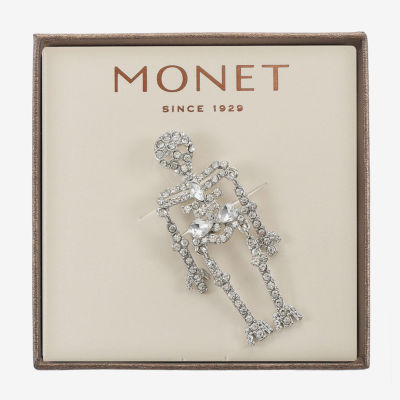 Monet Jewelry Silver Tone Halloween Skeleton Glass Pin