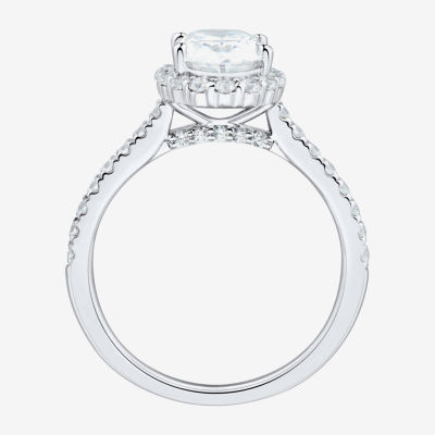 (H-I / Si1-Si2) Womens 2 CT. T.W. Lab Grown White Diamond 10K White Gold Oval Side Stone Halo Engagement Ring
