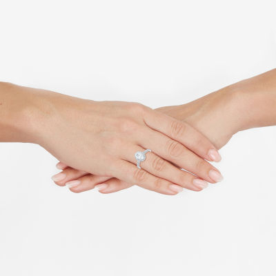 (H-I / Si1-Si2) Womens 2 CT. T.W. Lab Grown White Diamond 10K White Gold Oval Side Stone Halo Engagement Ring