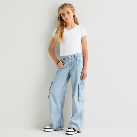 Thereabouts Little & Big Kid Girls Adjustable Waist Low Rise Baggy Fit Cargo Jean, 4, Gray