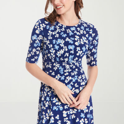 London Times Womens Short Sleeve Floral Fit + Flare Dress