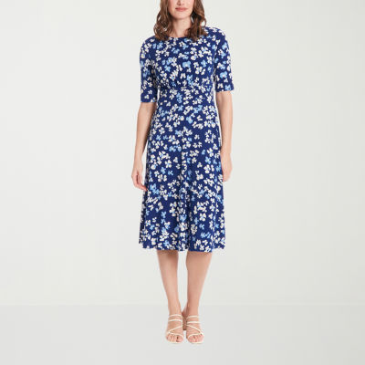 London Times Short Sleeve Floral Fit + Flare Dress