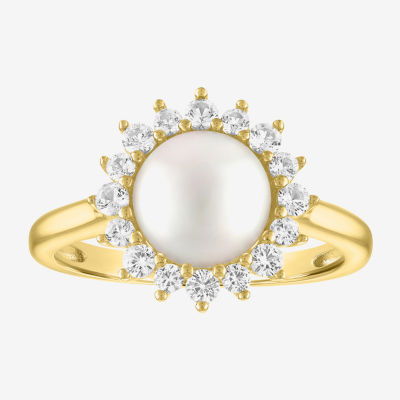 Womens 8MM White Cultured Freshwater Pearl 14K Gold Over Silver Halo Cocktail Ring