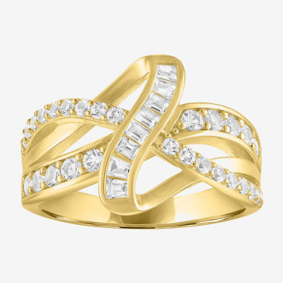 Lab Created White Sapphire 14K Gold Over Silver Crossover Side Stone Band