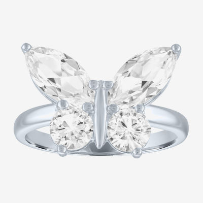 Womens Lab Created White Sapphire Sterling Silver Butterfly Cocktail Ring