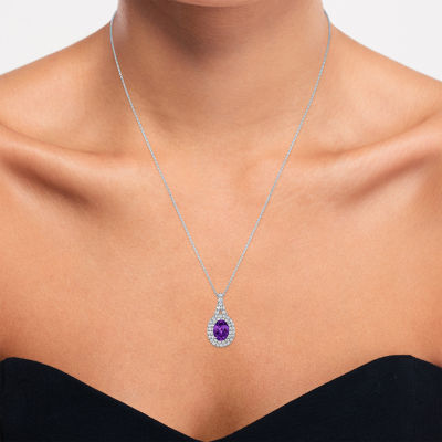 Gemstone & Lab-Created White Sapphire Sterling Silver Halo Pendant Necklace