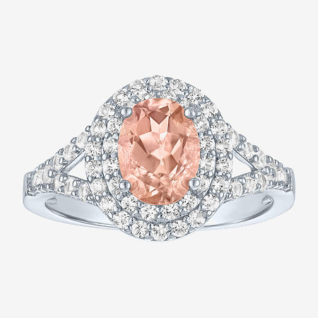 Gemstone and Lab-Created White Sapphire Sterling Silver Oval Double Halo Cocktail Ring, 6, Morganite