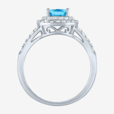 Gemstone and Lab-Created White Sapphire Sterling Silver Oval Double Halo Cocktail Ring