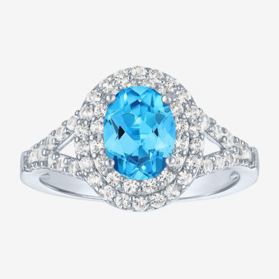 Gemstone and Lab-Created White Sapphire Sterling Silver Oval Double Halo Cocktail Ring