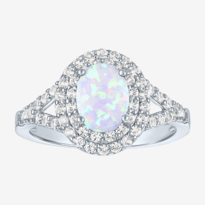 Gemstone and Lab-Created White Sapphire Sterling Silver Oval Double Halo Cocktail Ring