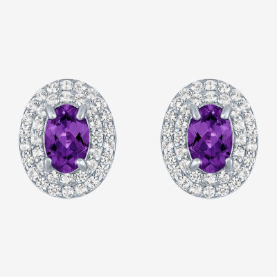 Gemstone & Lab-Created White Sapphire Sterling Silver Oval Double Halo Stud Earrings