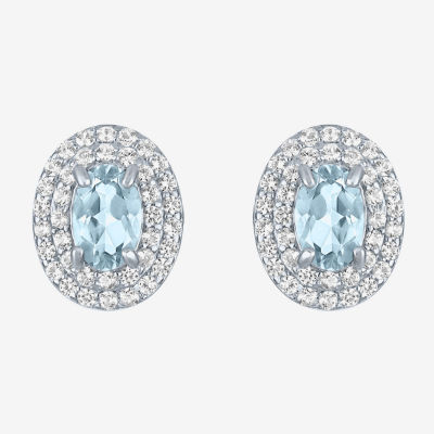 Gemstone & Lab-Created White Sapphire Sterling Silver Oval Double Halo Stud Earrings