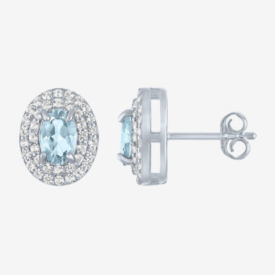 Gemstone & Lab-Created White Sapphire Sterling Silver Oval Double Halo Stud Earrings