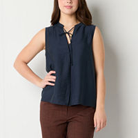 Worthington Womens V Neck Sleeveless Blouse, Medium, Blue