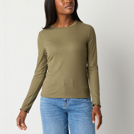 a.n.a Ribbed Womens Crew Neck Long Sleeve T-Shirt, X-small, Green