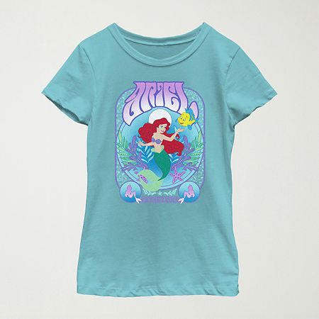 Disney Little & Big Kid Girls Crew Neck Short Sleeve Slim Fit Ariel Princess The Little Mermaid Graphic T-Shirt, Large, Blue