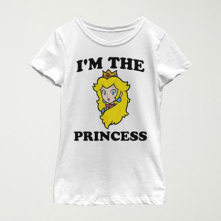 Princess Peach Little & Big Kid Girls Crew Neck Short Sleeve Slim Fit Super Mario Graphic T-Shirt, Large, White