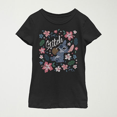 Little & Big Kid Girls Crew Neck Short Sleeve Slim Fit Lilo & Stitch Graphic T-Shirt, Large, Black