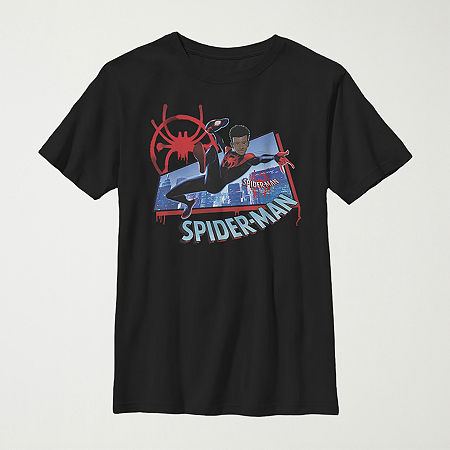 Miles Morales Little & Big Kid Boys Crew Neck Short Sleeve Regular Fit Spiderman Graphic T-Shirt, X-small, Black