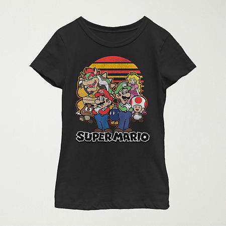 Little & Big Kid Girls Crew Neck Short Sleeve Regular Fit Super Mario Graphic T-Shirt, Small, Black