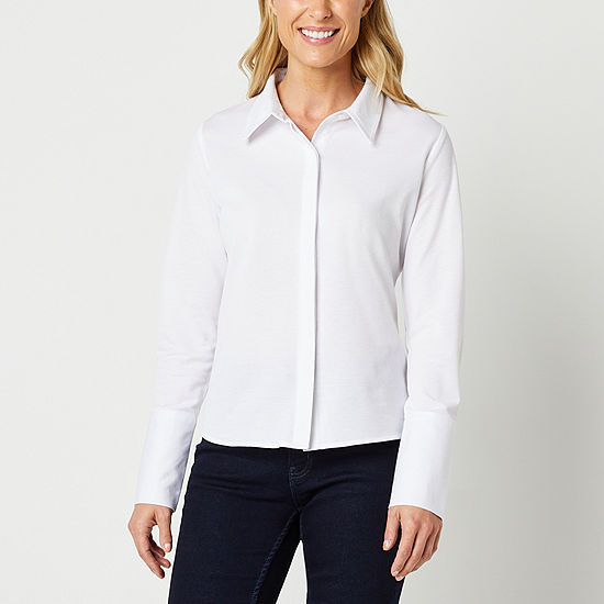 Liz Claiborne Knit Womens Long Sleeve Regular Fit Button-Down Shirt ...