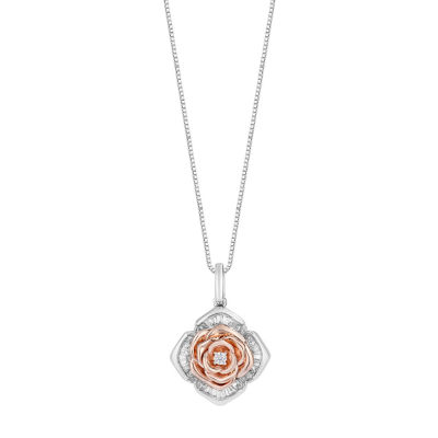 Enchanted Disney Fine Jewelry Womens 1/6 CT. T.W. Natural White Diamond 14K Rose Gold Over Silver Flower Beauty and the Beast Belle Pendant Necklace