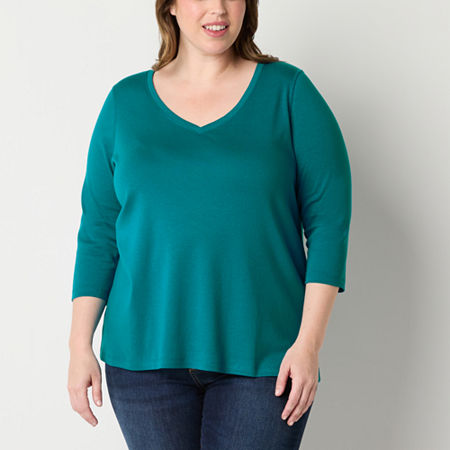 St. John's Bay Womens Plus V Neck 3/4 Sleeve Adaptive Easy-on + Easy-off T-Shirt, 1x, Blue