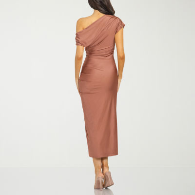 Premier Amour Womens One Shoulder Short Sleeve Midi Sheath Dress
