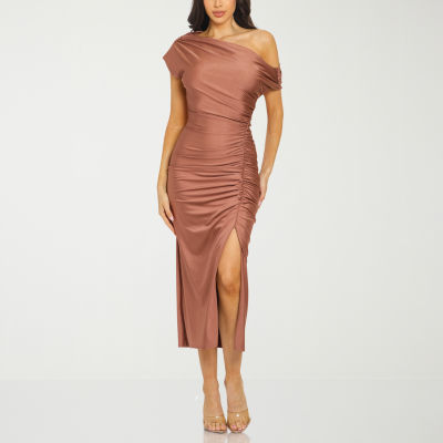 Premier Amour Womens One Shoulder Short Sleeve Midi Sheath Dress