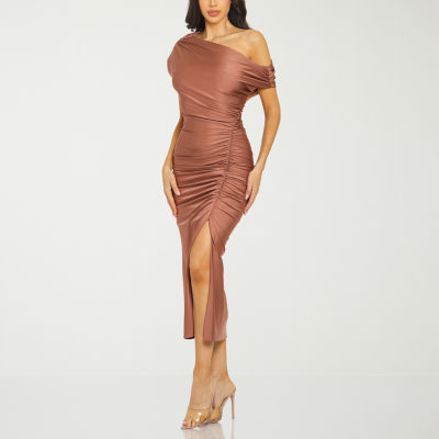 Premier Amour Womens One Shoulder Short Sleeve Midi Sheath Dress