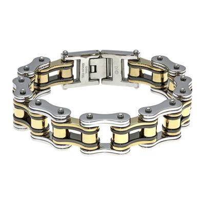 Mens Stainless Steel with Black & Gold-Tone IP Motorcycle Bracelet