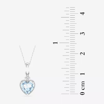 Womens Diamond Accent Genuine Blue Aquamarine 10K White Gold Heart Pendant Necklace