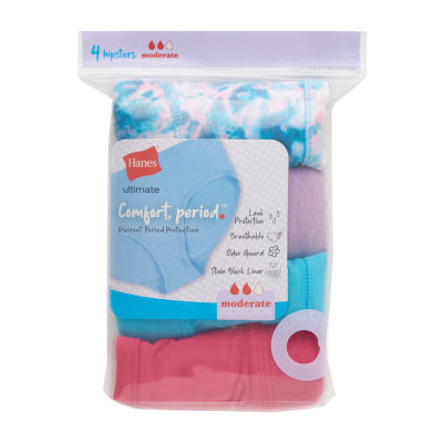 Hanes Big Kid Girls 4 Pack Period + Leak Resistant Multi-Pack Hipster Panty Gucprd