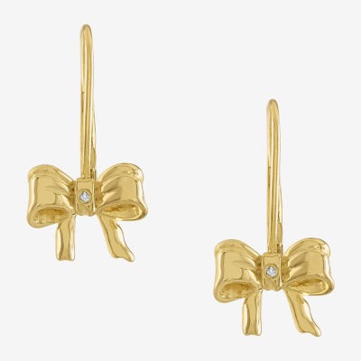 Girls White Diamond 14K Gold Over Silver Bow Drop Earrings