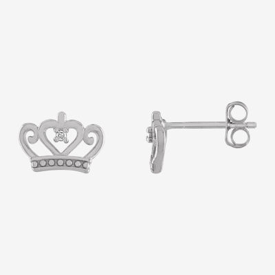 White Diamond Sterling Silver 6.7mm Crown Stud Earrings