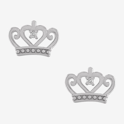 White Diamond Sterling Silver 6.7mm Crown Stud Earrings